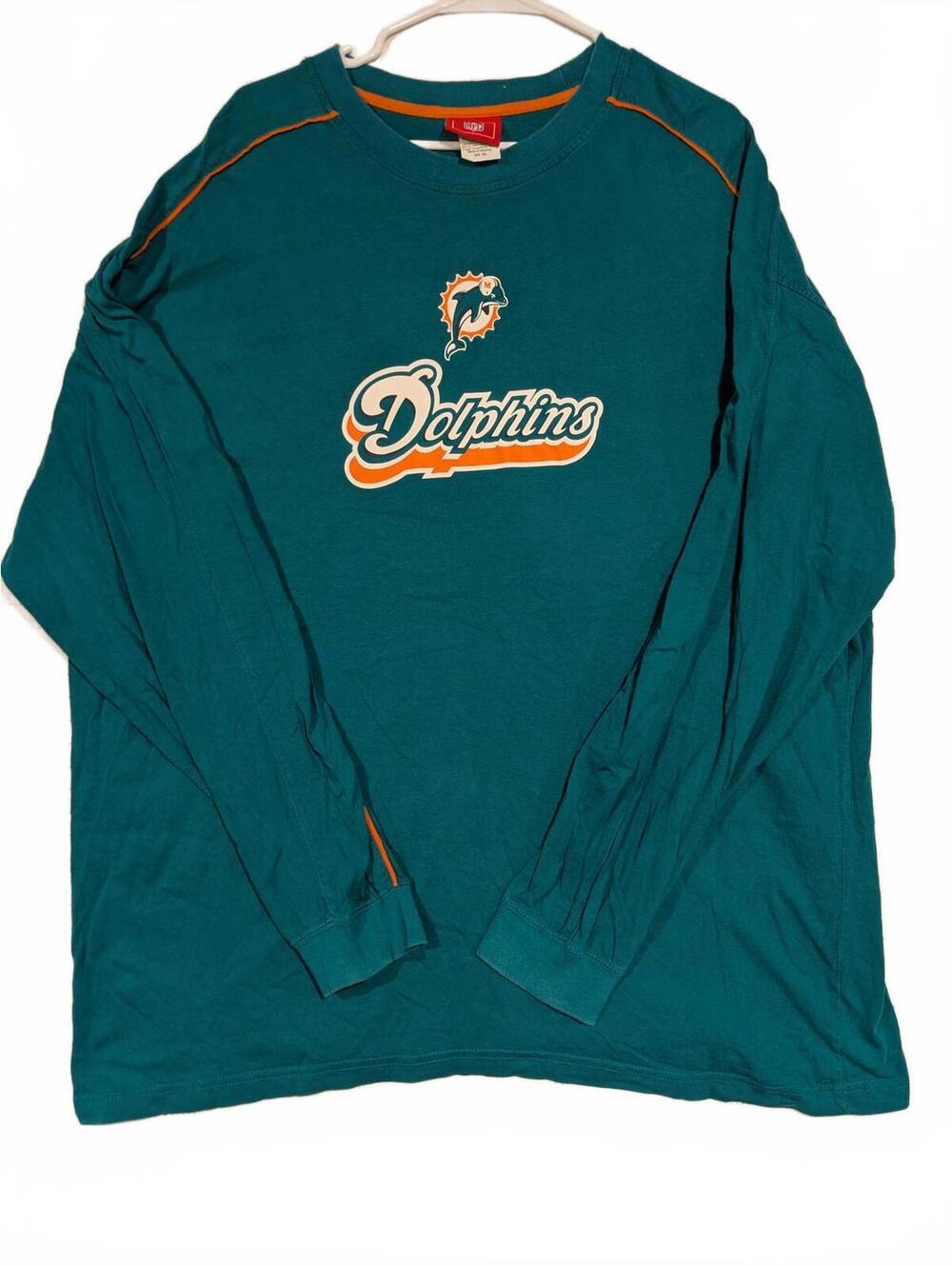 Miami Dolphins NFL Long Sleeve T-Shirt Teal Orange Script Logo Cotton Mens 2XL